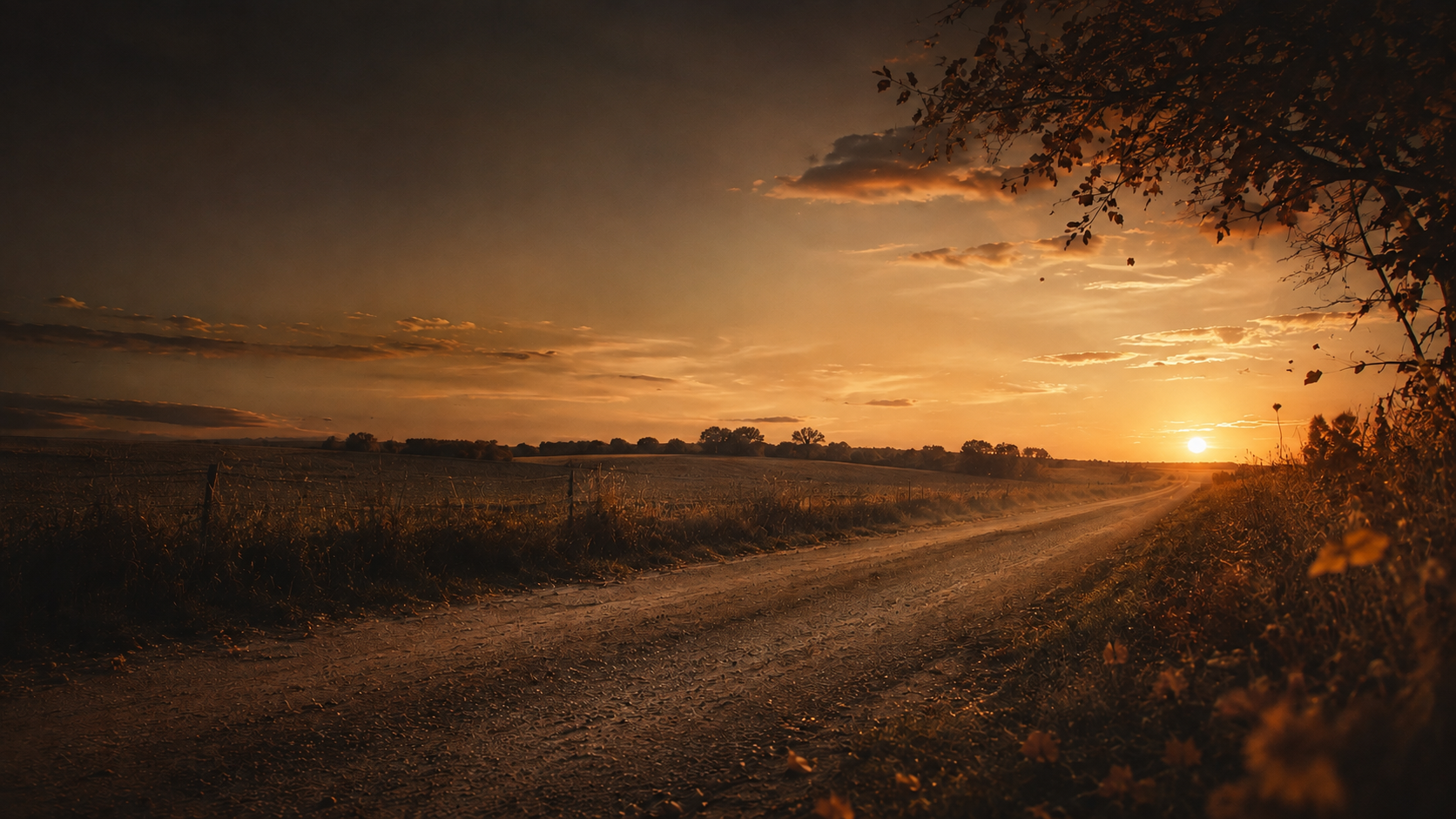 A country road crossing open fields at sunset